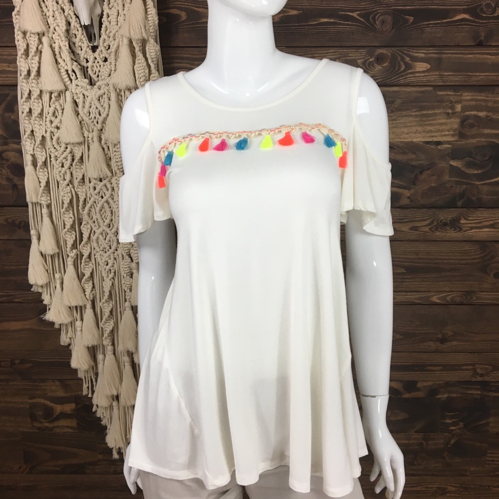 Reborn J | Cold Shoulder Neon Tassel Swing Blouse